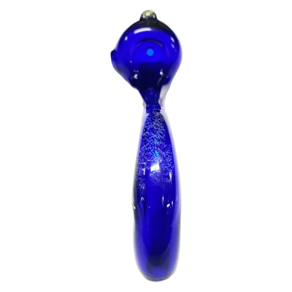 Handcrafted glass pipe with blue dichroic glass and fish-shaped mouthpiece. Sea shell-shaped body with smoke inhalation opening.