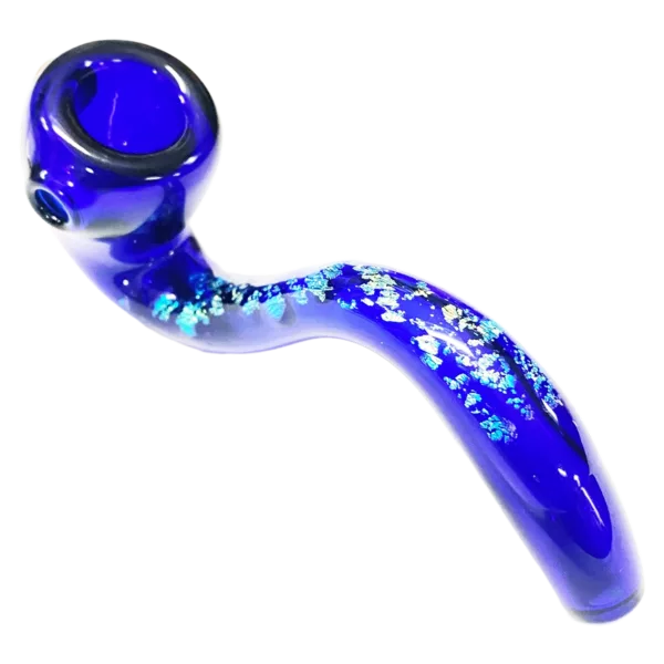 Modern, sleek pipe with unique blue and purple design on a small, thin bowl and long, curved shank. Silver stem with blue and purple decorative ring. Perfect for those looking for a distinctive smoking experience.