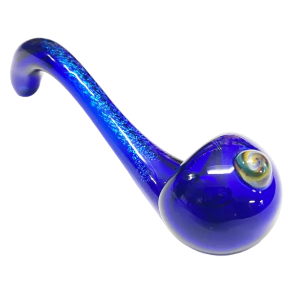 Sparkly blue dichroic glass handlock pipe with small bowl and curved neck, featuring a circular pattern and starburst in the center.