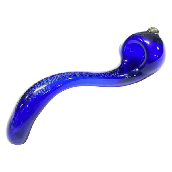 Handcrafted blue dichroic glass pipe with clear stem and bowl. Standard shape with small lip to prevent ashes from spilling. Thin stem with small hole for drawing smoke. Base has small chip for ash accumulation.
