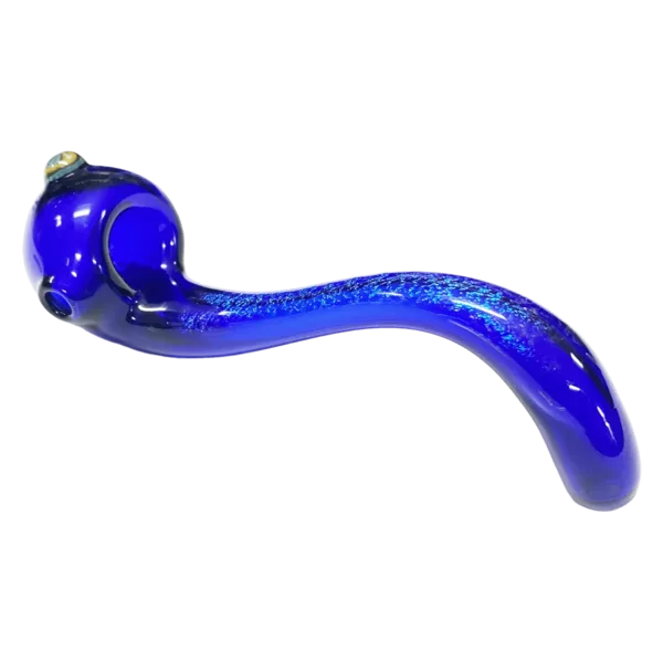 Handcrafted glass pipe with blue/purple dichroic pattern, smooth stem/bowl, and comfortable fit. #LABRAT