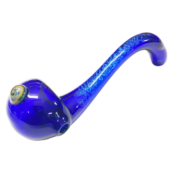 Blue glass pipe with large, round, metallic bead at end. Small, round base and sleek, modern design. LAB RAT - Small Handlock Dichroic.