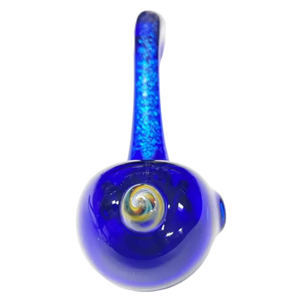 Handcrafted glass pipe with intricate blue handlock and speckled body. #LABRAT