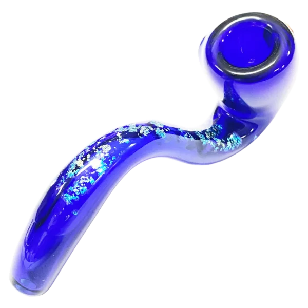 Blue glass pipe with curved shape, small loop and curved stem. Reflective and smooth finish.