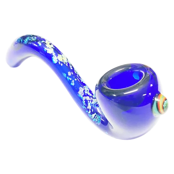 Floral, dichroic glass snake pipe with small hole at end, sitting on white background.