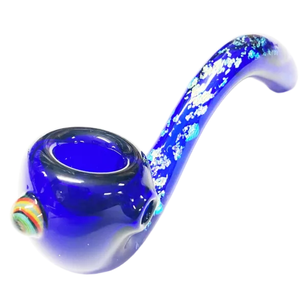 Sleek and modern blue glass pipe with a swirling design on the bowl and stem. Shaped like a traditional pipe, with a dichroic finish.