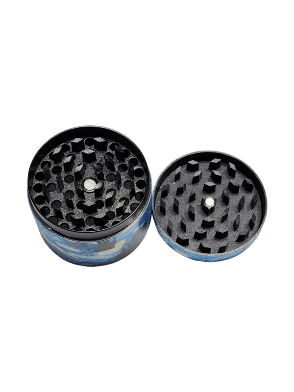 Two unique-shaped grinders with black metal bodies and clear plastic lids for grinding herbs. Perfect for any smoking setup.
