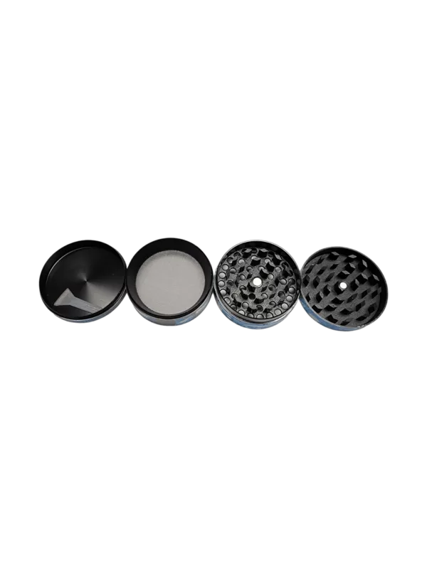 Three stacked black ceramic grinders with conical shape, circular base, and metallic finish. Made of ceramic, smooth surface. Open top grinder.