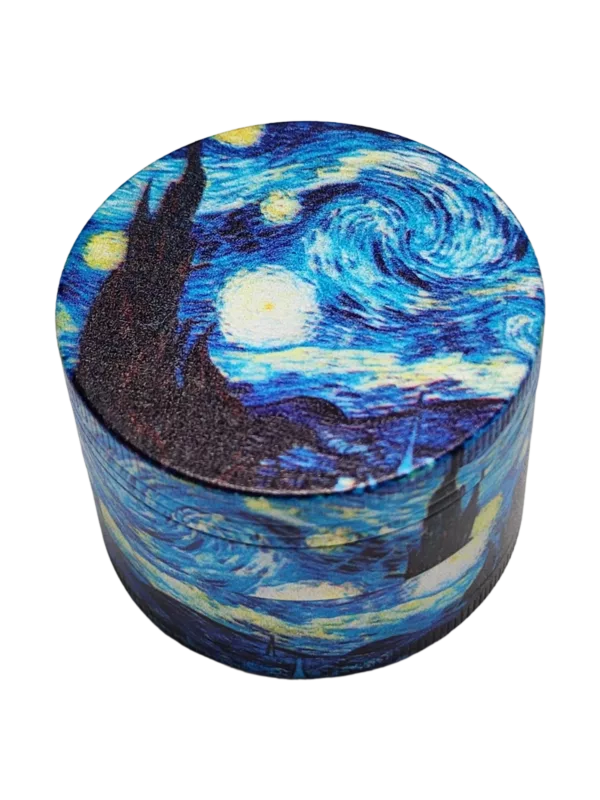 Earth in foreground, blue/purple sky, moon & stars, green/brown terrain, stylized Milky Way in background.