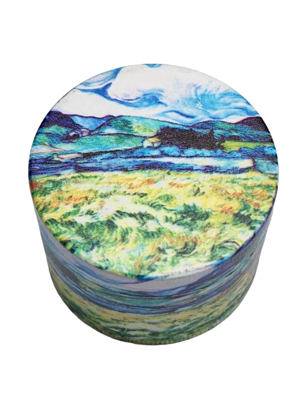 Hand-painted metal grinder with colorful landscape design, removable lid.