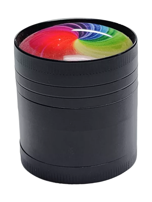 Colorful grinder with rainbow design on lid, made of black plastic. Trippy Top Grinder-BVGS111.