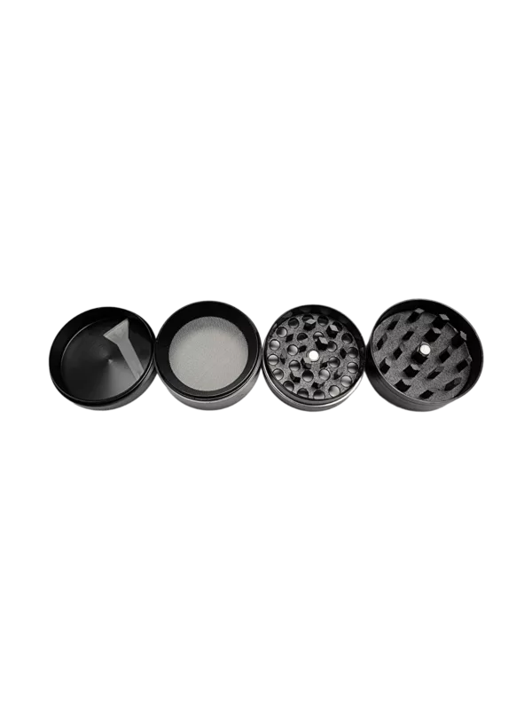 Set of four metal grinders in black with circular shape and small hole in center. Arranged in row, connected to single power source. Largest grinder on bottom, smallest on top. Facing same direction. Green background.
