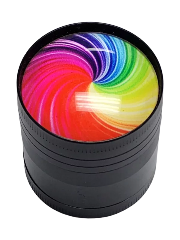 A colorful, symmetrical image of a rainbow swirl on a black background, created by swirling different colors of light together. The colors are bright and vibrant, making the image visually appealing.