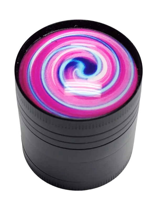 Metal grinder with pink and blue swirl pattern, black base and clear top, visually appealing and eye-catching.