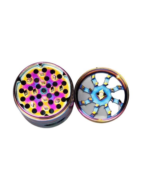 Two colorful, abstract, round objects with a rainbow and geometric pattern on opposite sides, made of transparent material and designed for aesthetic purposes.