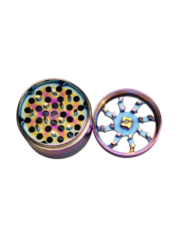 Rainbow Blade Window-BVGS05350 grinders: Colorful, metallic circular grinders with intricate designs on a black background.