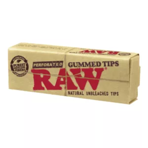 Raw gummed tips for rolling cigarettes, packaged in paper with transparent window and labeled 'Perforated Gummed Tips - Raw'.