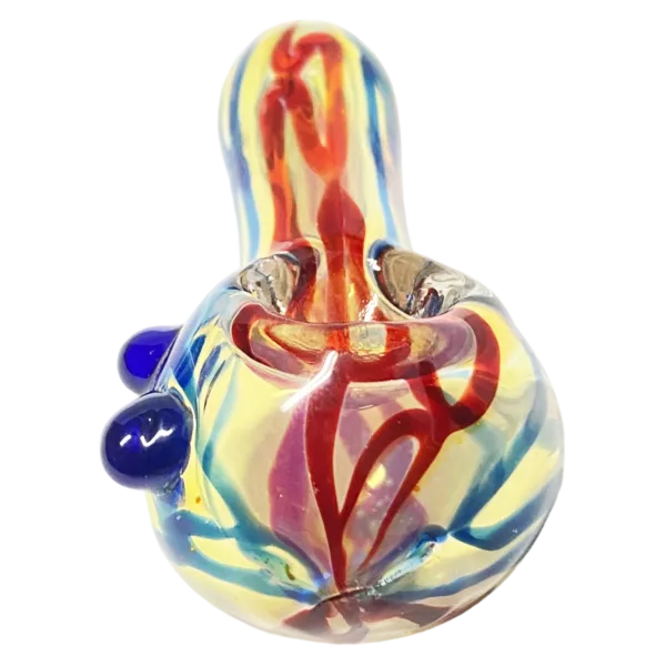 Clear glass smoking pipe with multi-colored swirl design and white smoke.