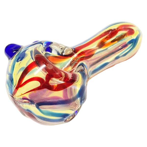 Handblown glass pipe with abstract design and colorful swirl on mouthpiece. Shiny finish and flared base with triangular bead.
