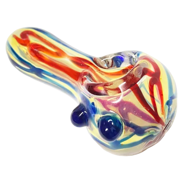 colorful, swirling glass pipe designed for smoking tobacco or other substances. It has a snake-like shape with a clear body and a colored head. The design features bright shades of blue, red, green, and yellow.