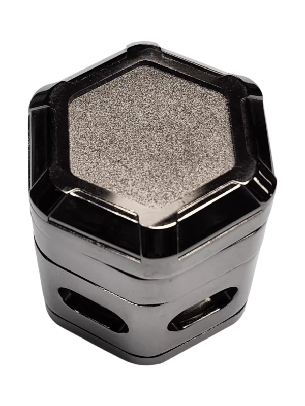 unique, medium-sized stainless steel grinder with a black coating and symmetrical hexagonal shape. It has a sleek look and is easy to clean.