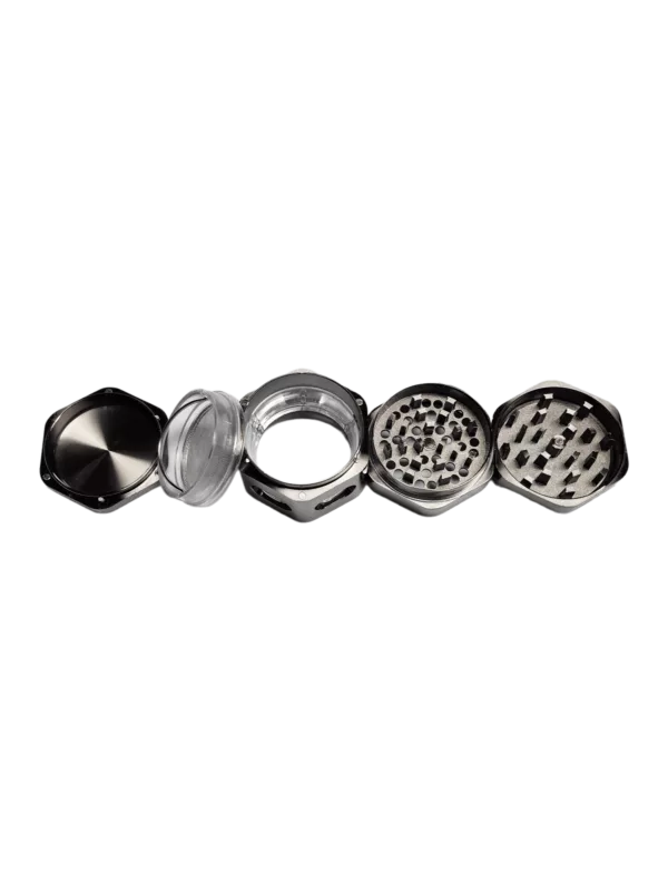 A 6-compartment herb grinder made of metal with a metallic finish, suitable for kava, CBD, and other herbs.