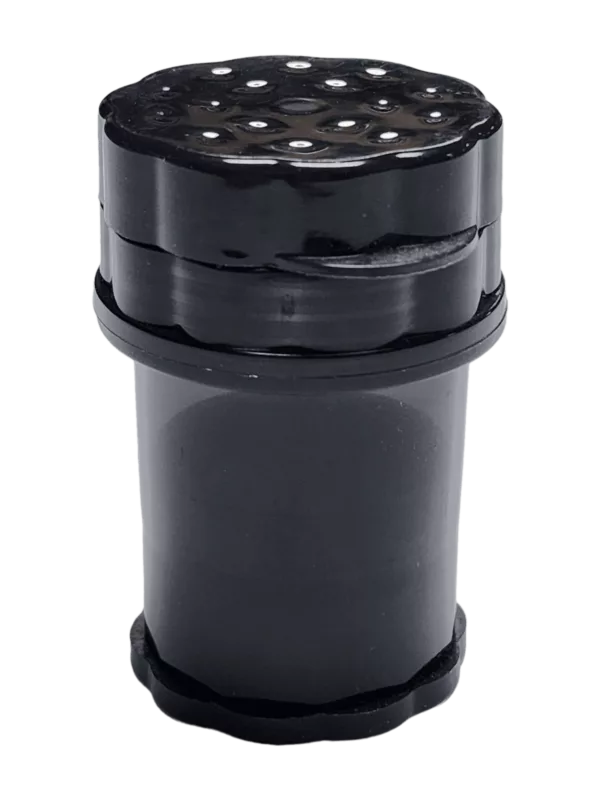 This black plastic container with a lid and two holes is the Plastic Bottle Grinder 4 Part - WW207, suitable for smoking accessories.
