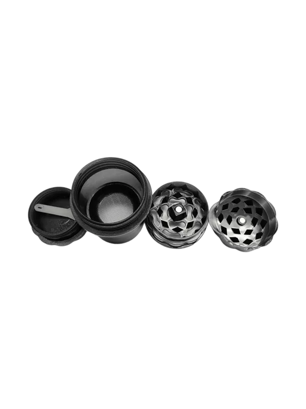 Three black metal bowls with holes for easy cleaning, part of Plastic Bottle Grinder 4 Part - WW207.