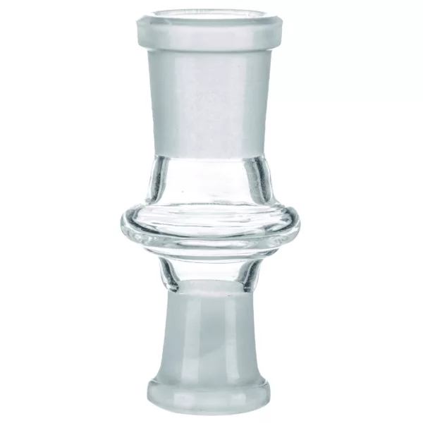 Glass adapter with cylindrical shape and small base for connecting smoking devices. Transparent and round base. NN176 - 14F18F.
