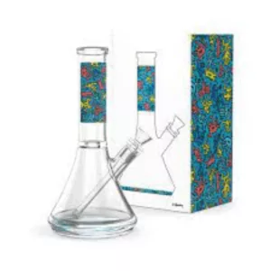 A colorful glass water pipe with a small hole for inhaling smoke, available on a smoking company website.
