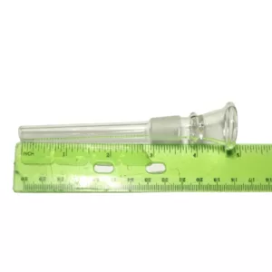 14mm clear glass downstem with round base and small bowl with hole for inhaling and exhaling smoke. Ruler for size reference.