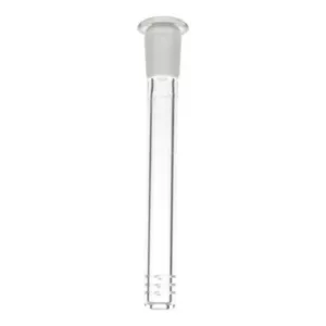 Clear glass 18mm to 14mm downstem with small circular disc at bottom, tapered shape and curved tip. Flat base with no threads or decorations.