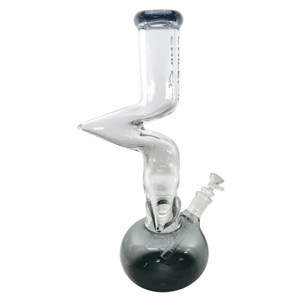 Large glass bong with curved stem, small bowl with black/grey stripe design, 3 small holes on bottom, silver base and clear stem.