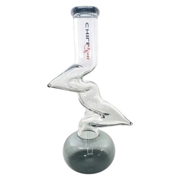 Glass bong with long, curved shape and small, round base.