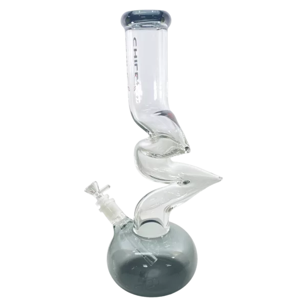 clear, corkscrew-shaped bong with a round base, curved neck, and small mouthpiece. The bowl is circular with a curved inner rim, and the stem is straight with a small, round base.