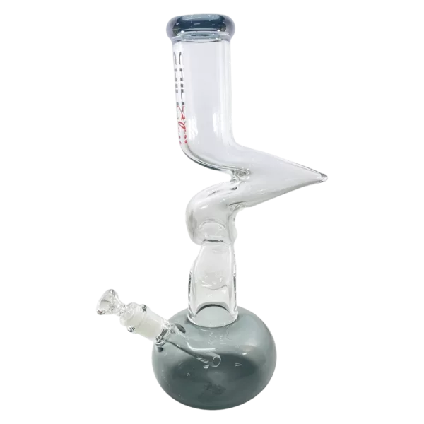 Glass bong with long curved neck and small circular base. Features a hole on the side for easy cleaning.