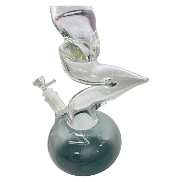 Glass bong with long curved neck and small round bowl. Smoke visible. Transparent design. Base is round.