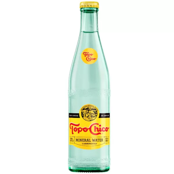 A clear glass bottle of Tropicana mineral water with a white cap and yellow label on a white background.