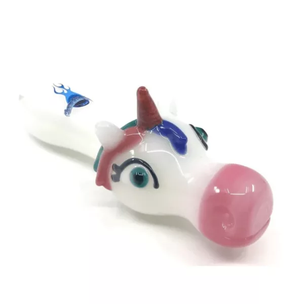 A glass bong with a unicorn head on top, featuring pink mane, blue eyes, and a rainbow-shaped horn. The bong has a white base and blue accents.