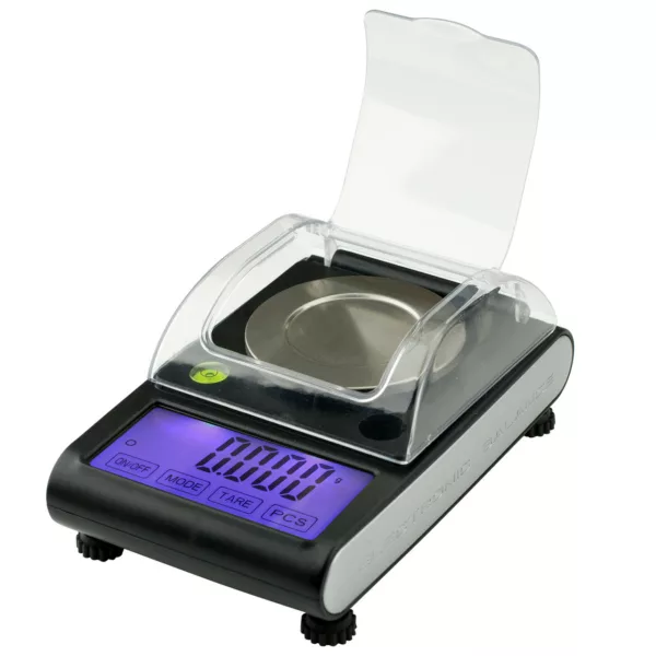 Digital scale with blue display and ZEO-50-AWS branding. Made of plastic with clear cover and sits on white surface.