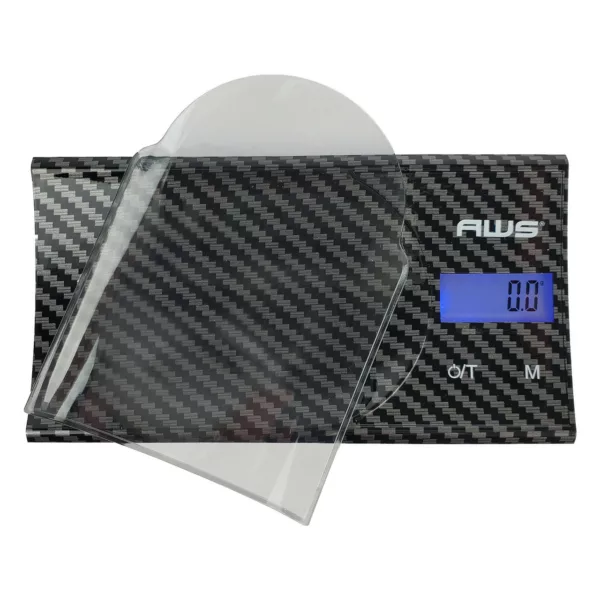 A digital scale with a clear plastic cover on top has a black background and white numbers on the screen. It measures weight and body fat percentage and has a small display screen and button to turn it on and off.